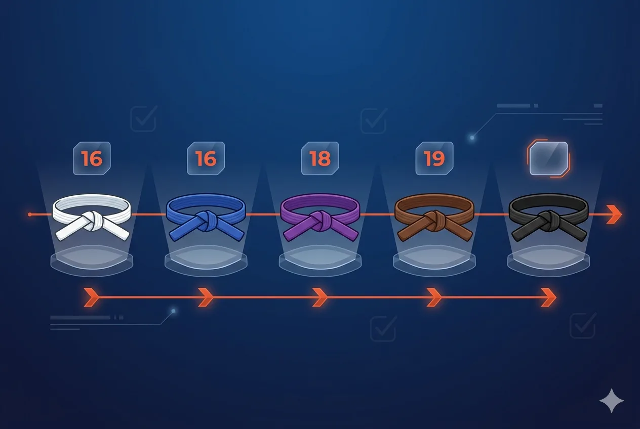 BJJ belts from white to black arranged in order showing IBJJF graduation progression