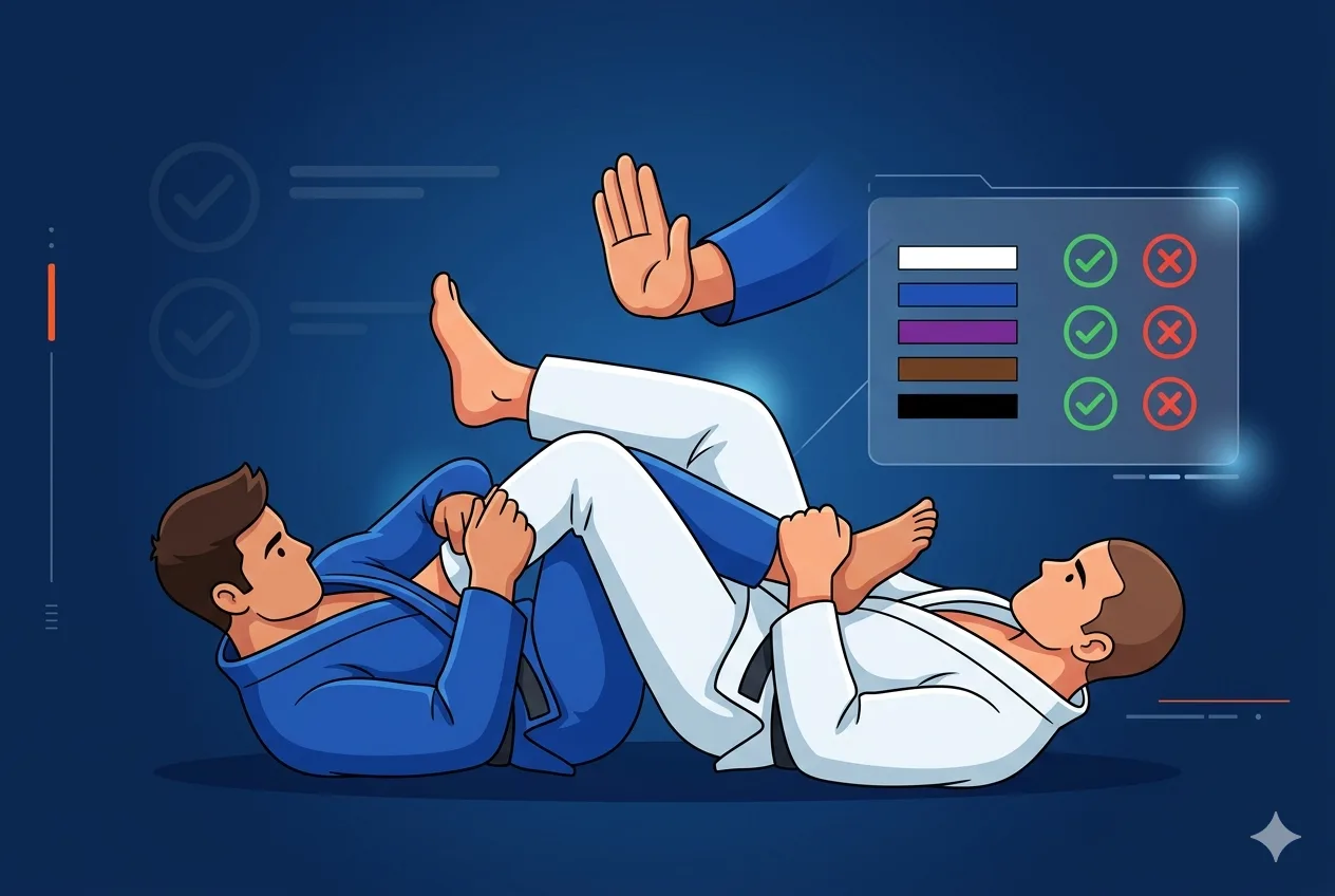 BJJ competitors in a leg entanglement with an IBJJF referee watching for illegal techniques