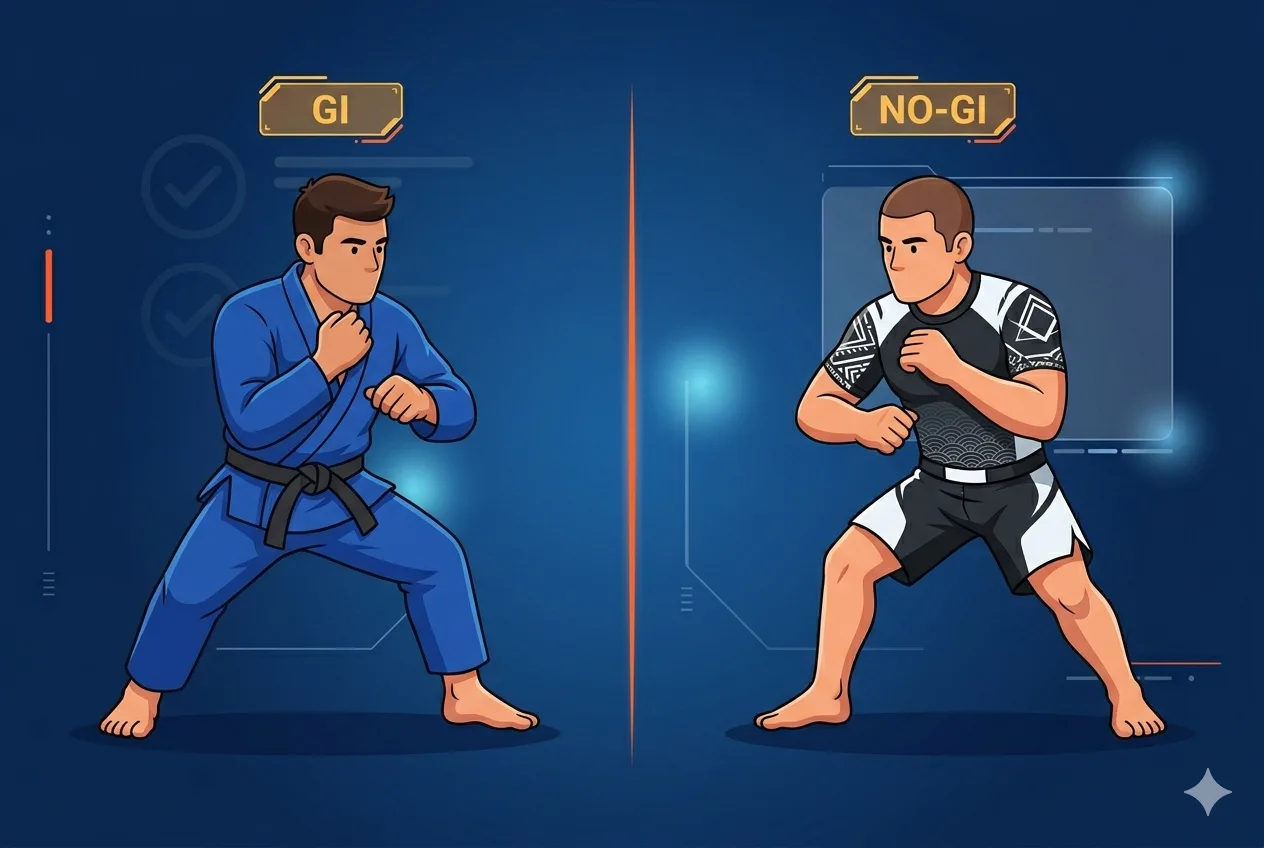 Split image of a Gi BJJ match and a No-Gi BJJ match under IBJJF competition rules