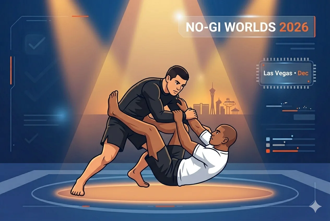 No-Gi BJJ athletes competing under the lights at the IBJJF No-Gi World Championship