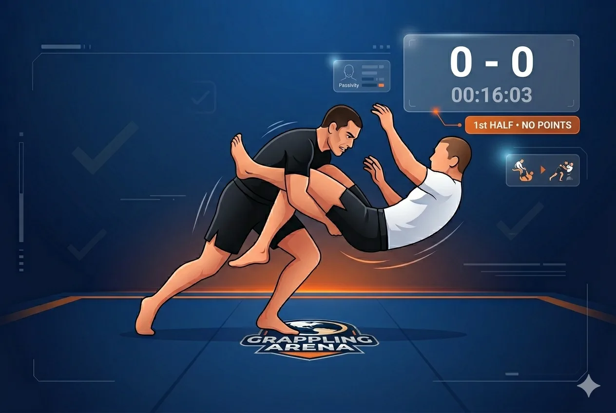 Two grapplers competing on the open ADCC mat with no points on the board