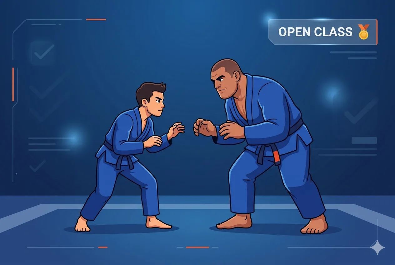 A smaller BJJ competitor facing a much larger opponent in an absolute open class match