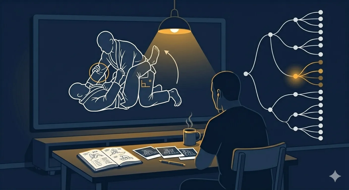 An analyst studying paused grappling footage and mapping a decision tree of positions