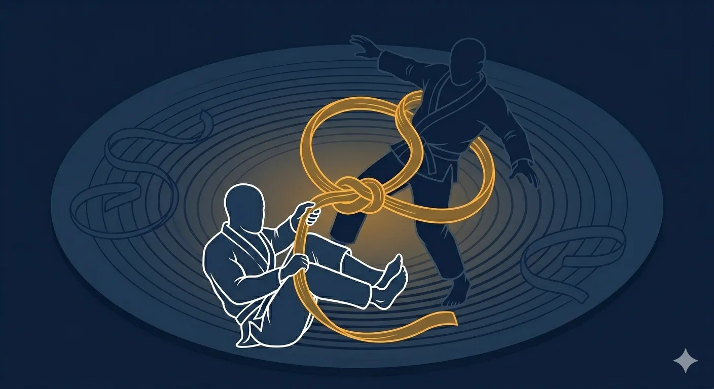 A grappler wrapping the opponent's gi lapel around their leg in the worm guard position
