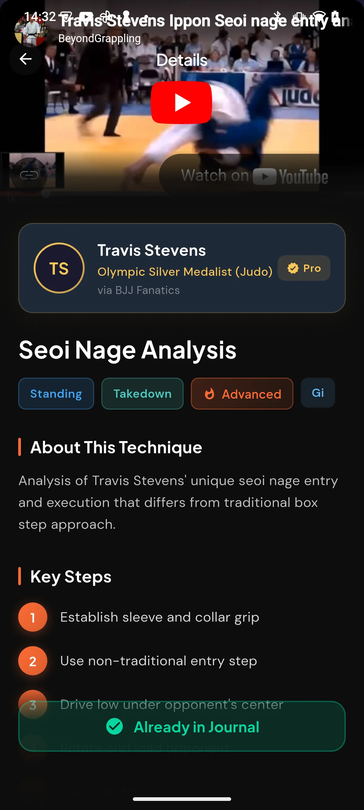 Technique detail screen with instructor video and key steps in the Rollbook app
